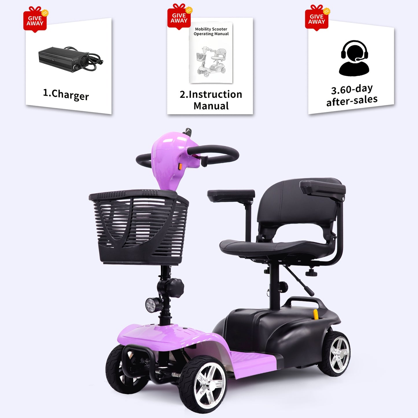 Adult And Mobility Scooter: 250W Four-wheel Foldable Scooter with A Speed Of 6 Mph, 24V 13Ah A Range Of 15 Miles, A 360° Swivel Seat, A Removable Shopping Basket And LED Headlights.