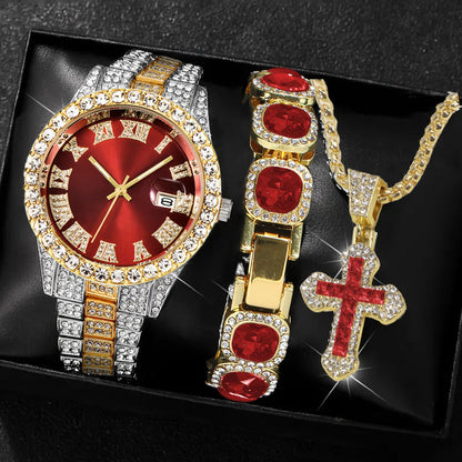 [Men's Watch Set] Luxury Men's Watch Set, Including Artificial Gemstone Bracelet and Cross Necklace, Roman Numeral Watch, Inlaid with Artificial Rhinestones, Perfect Gift for Men, Party Essentials