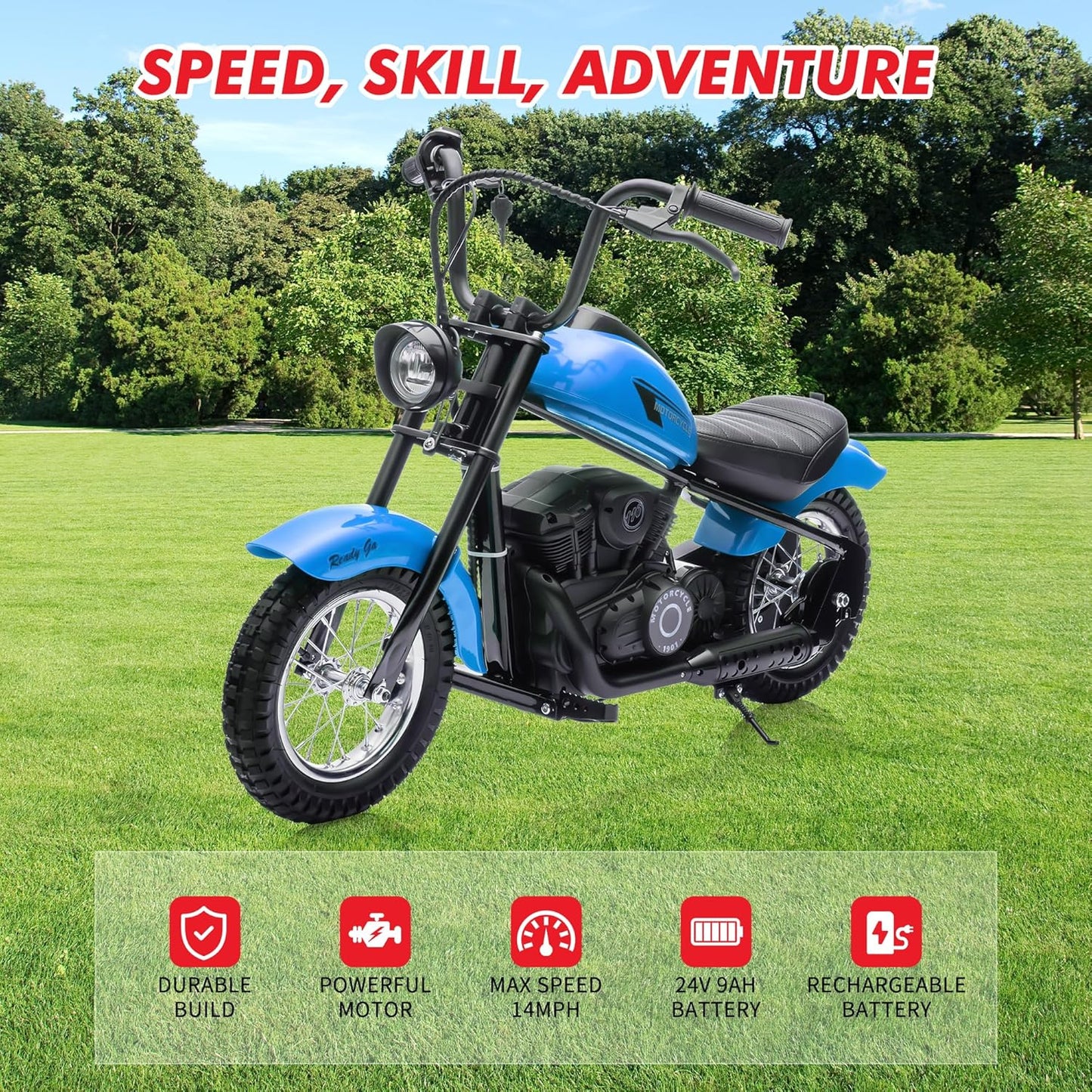 Children's Electric Dirt Bike 24V, Maximum Load Capacity 150 Lbs, 15 Mph Speed, Chain Drive Motor with 12-inch Pneumatic Tires, Handbrake and Shock Absorbers, LED Lights, Battery Indicator, Suitable for Boys and Girls Ride on