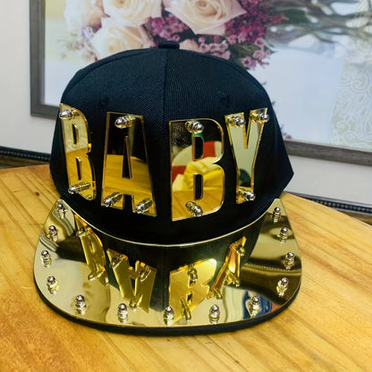 Punk Style Men'S Baseball Cap, 100% Polyester Lightweight Flat Brim Hat with Alphabet Pattern and Embellishments, Non-Stretch Fabric