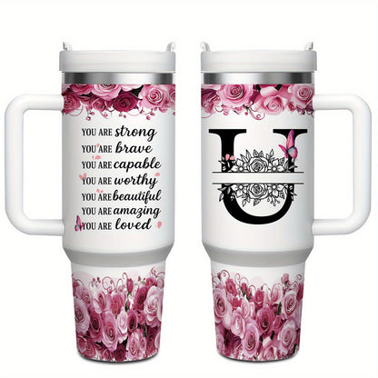 MIKENDA 1pc 40oz "A-Z Custom Letters & Name" Stainless Steel Travel Cup with Lid And Straw. Coffee Cup, Kitchen Drinkware. Great Gift for Women, Friends, Parents.for Mother's Day, Holidays. for Home & Outdoor Use.Halloween &