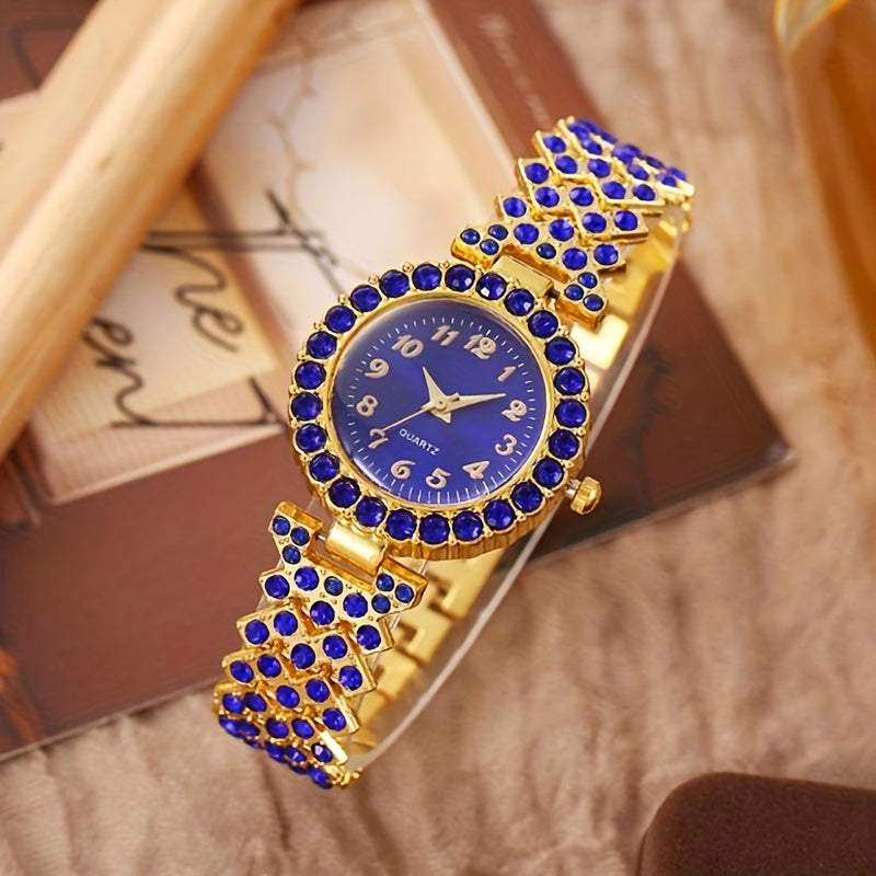 6pcs Set Luxury Women's Watch & Jewelry Set with Sparkling Blue Rhinestone Quartz Watch, Matching Bracelet, Earrings, Necklace & Ring - Elegant Gift Set for Weddings, Parties, Special Occasions (Alloy Case/)