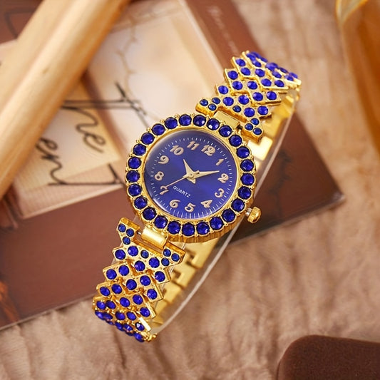 6pcs Set Luxury Women's Watch & Jewelry Set with Sparkling Blue Rhinestone Quartz Watch, Matching Bracelet, Earrings, Necklace & Ring - Elegant Gift Set for Weddings, Parties, Special Occasions (Alloy Case/)