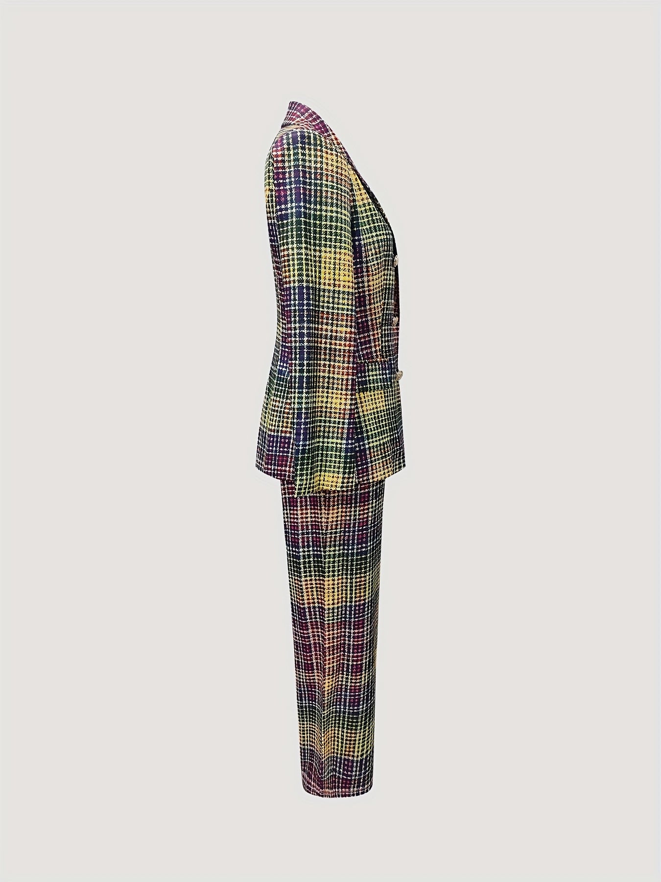 Double-Breasted Blazer and Straight-Leg Trousers - Urban Elegant Business Office - Digital Print Color Gradient Plaid Lapel Long Sleeve Casual - Suitable for Parties, Dates, Business Office, and Various Important Occasions