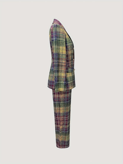 Double-Breasted Blazer and Straight-Leg Trousers - Urban Elegant Business Office - Digital Print Color Gradient Plaid Lapel Long Sleeve Casual - Suitable for Parties, Dates, Business Office, and Various Important Occasions