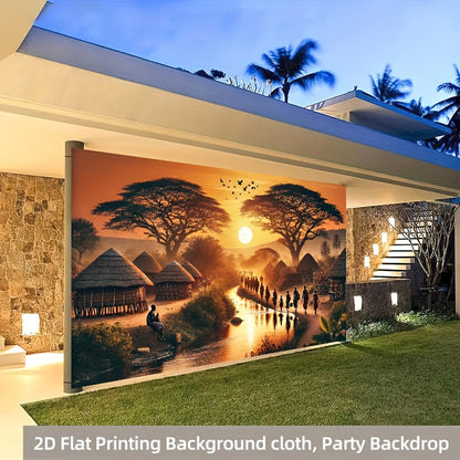 2D Flat, 1pc African Sunset Village Party Banner - 71x91 Inch Durable Polyester Backdrop with Vibrant African Landscape Design, No Power Needed, Easy to Hang for Living Room, Bedroom, Office, Outdoor Decor, Perfect for Weddin