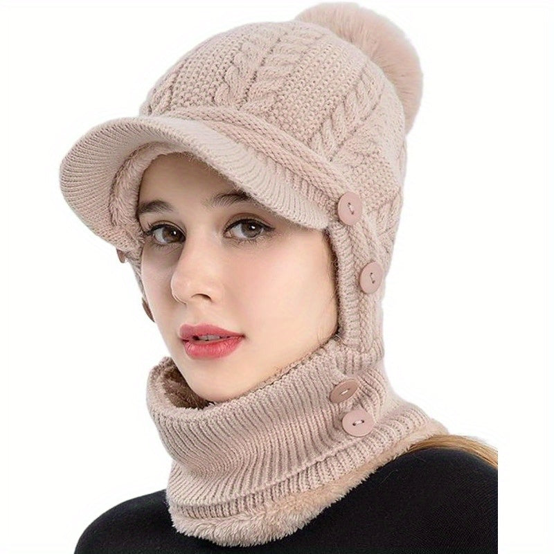 1x Winter Women's Pullover Ear Warmer Hat, Scarf Mask Combo Warm Thick Skull Ski Cap, Head And Neck Warmth, Ear And Face Warmer, Winter Scarf Mask Combo, Ear Warmer Hat, Cable Pattern, Slouchy Fit, Hand Wash Care, Thick Fleec