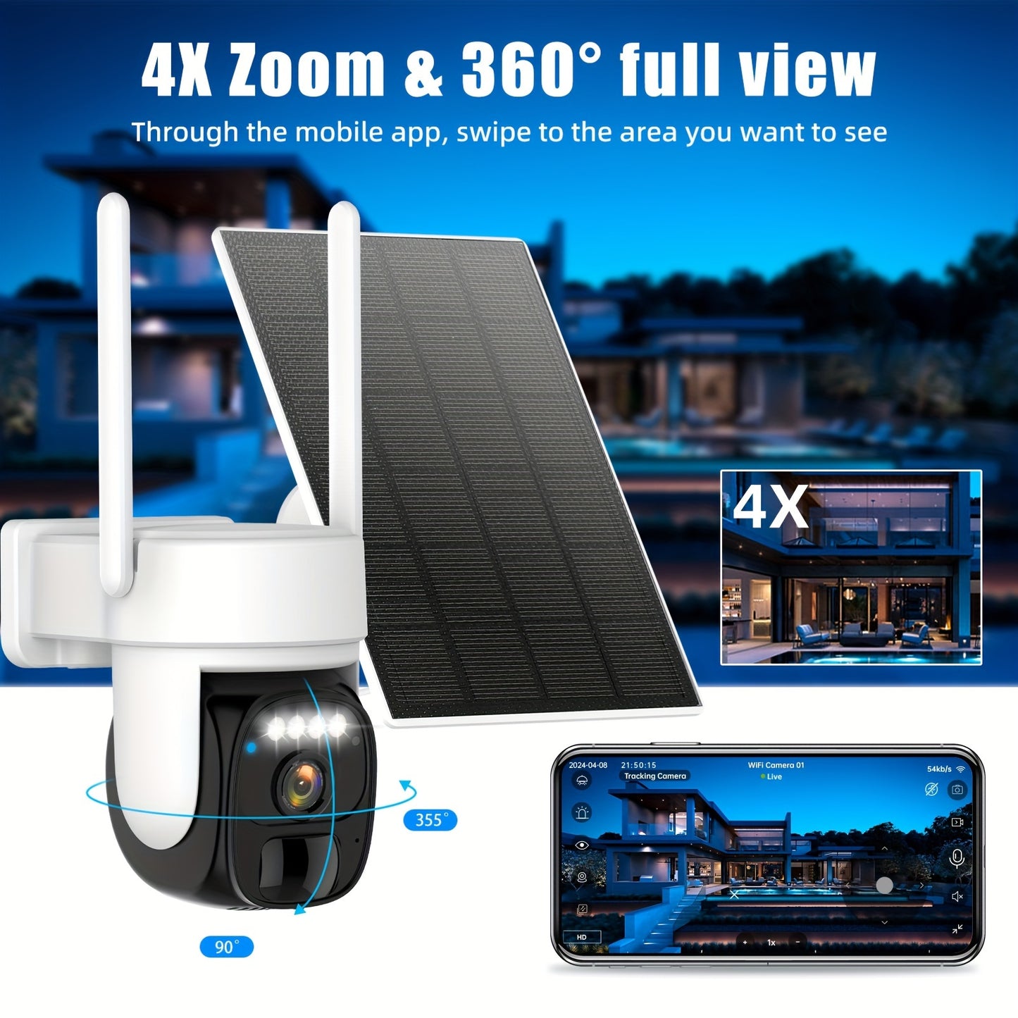 3pcs Solar-Powered Outdoor Security Cameras with AI Motion Detection, 2K HD Surveillance, PTZ (360° Pan-Tilt-Zoom), Color Night Vision, Two-Way Audio, Wireless WiFi, Solar Panel, High Quality, for Home/Business/Outdoor/Drive