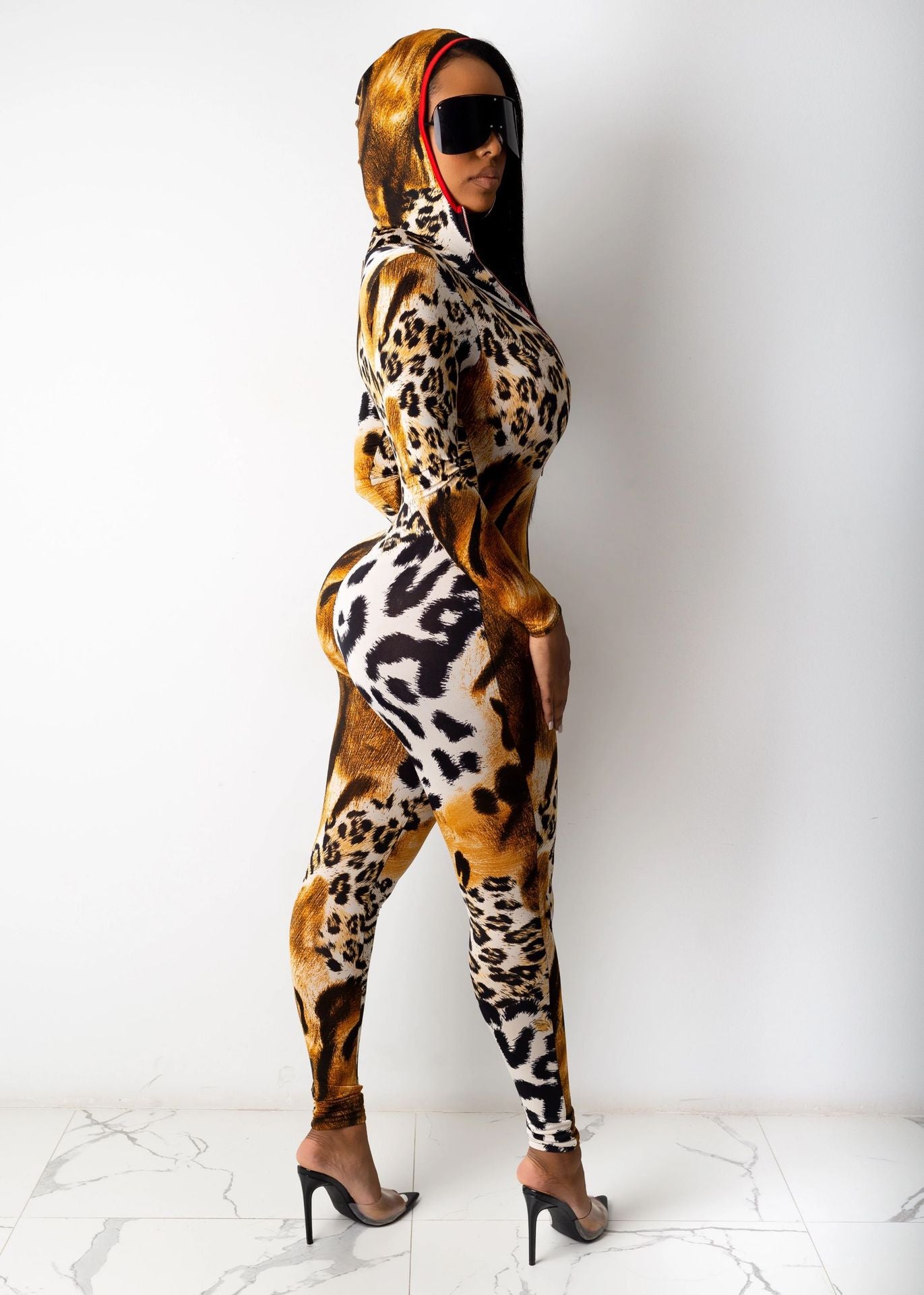 Summer Women'S Fitted Jumpsuit with a Leopard Print, V-Neck, And Long Sleeves Featuring a Hood