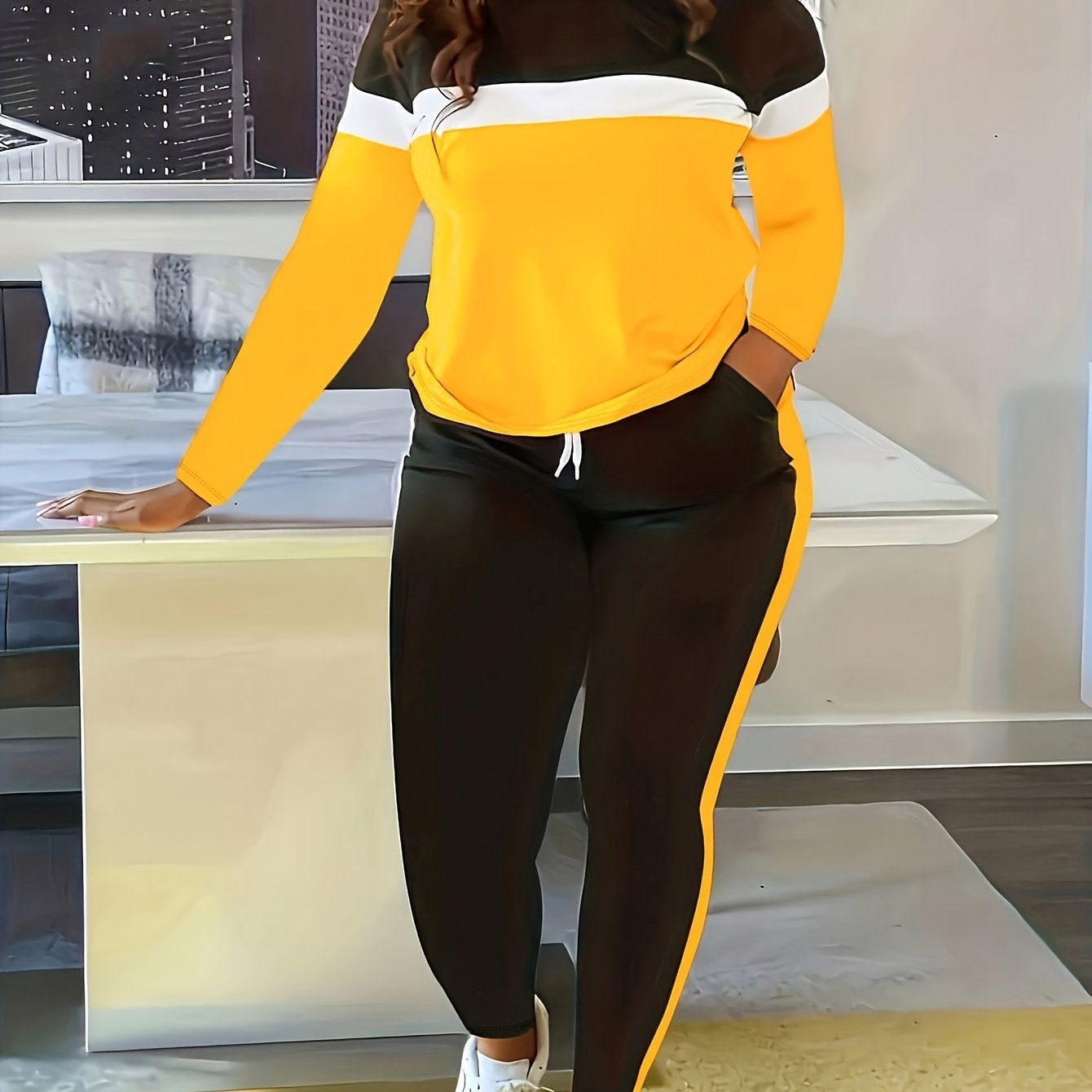Color Block Striped Print Two-Piece Set, Round Neck Long Sleeve Top And Drawstring Pants, Women's Fashion