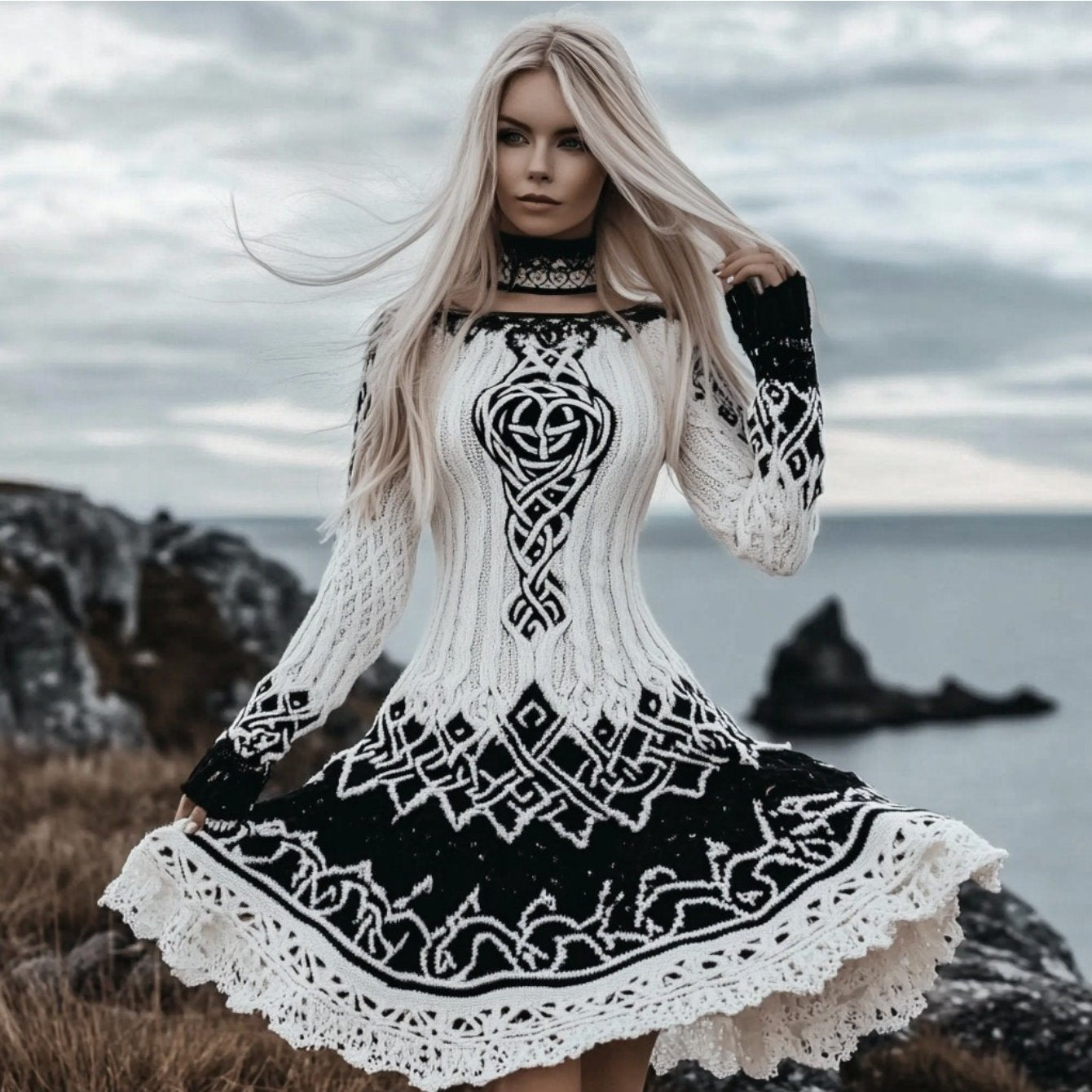 Plus Size - Autumn and Winter New Dress | Casual Versatile Temperament Fashion Slim Retro Fried Dough Twists Long Sleeve Women'S Wear, Midi Length, Slight Stretch Fabric, Lapel Collar, Weekend Casual Style.