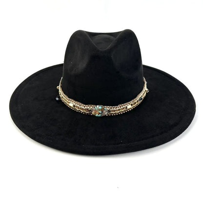 1pc Bohemian-Style Wide-Brimmed Women'S Felt Hat - with a Turquoise Bead Chain Decorative Band - Suitable for Holiday Dress-Up, Cowboy-Inspired Looks, Daily Casual Wear, And As a Photography Prop for Bohemian Home Decor, Fest