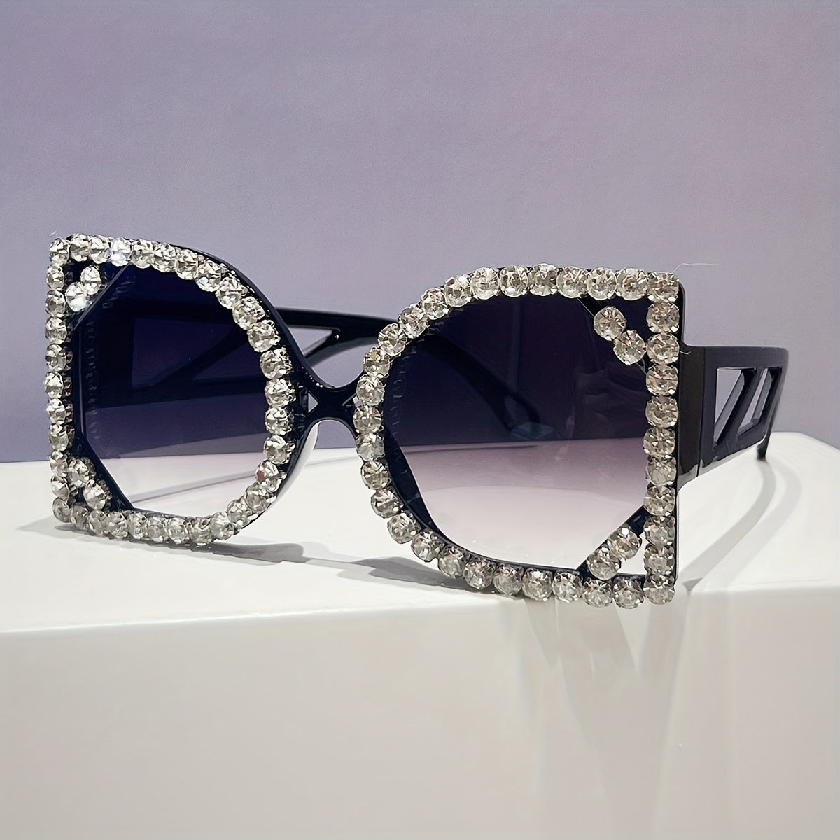 Oversized Square Luxury Rhinestone Fashion Party Photo Glasses for Women - Sparkling Light Blocking & -Eye Strain, Wide Frame Statement Glasses for Night, Prom, New Year'S Eve, Photo Shoots - Stylish Party