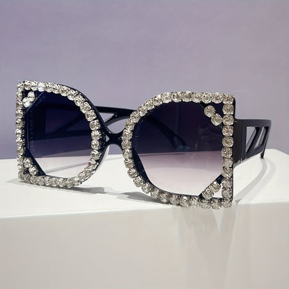 Oversized Square Luxury Rhinestone Fashion Party Photo Glasses for Women - Sparkling Light Blocking & -Eye Strain, Wide Frame Statement Glasses for Night, Prom, New Year'S Eve, Photo Shoots - Stylish Party