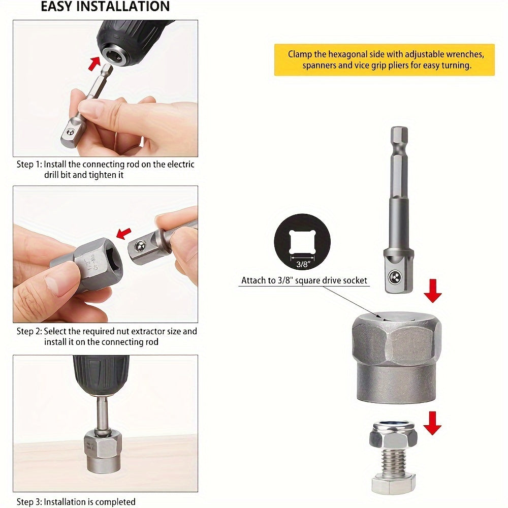 15pcs Nut Extractor Set, 13pcs Bolt And Nut Remover, 1pc Iron Bar (If The Nut Is Still Stuck In The Sleeve When Removing It, Use It To Knock It Out), 1pc 1/4 '' To 3/8 "drive Hexagonal Socket Adapter