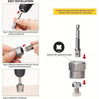 15pcs Nut Extractor Set, 13pcs Bolt And Nut Remover, 1pc Iron Bar (If The Nut Is Still Stuck In The Sleeve When Removing It, Use It To Knock It Out), 1pc 1/4 '' To 3/8 "drive Hexagonal Socket Adapter