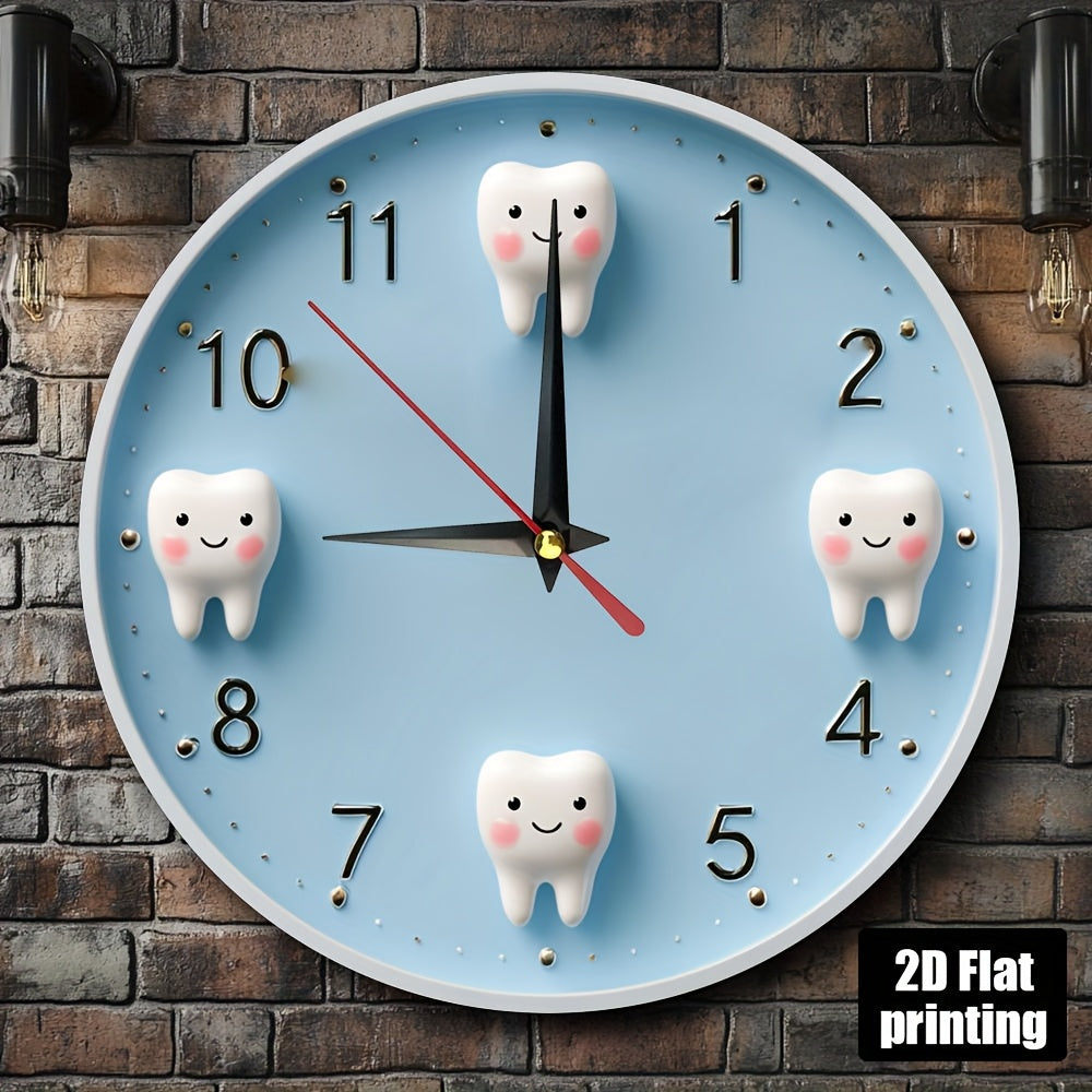 Non-Electric 2D Printed, Cartoon Teeth Theme Wooden Round Wall Clock, Farmhouse Style Home Decor for Kitchen, Bedroom, Office, Birthday & Holiday Gift, Easy to Read, Silent Operation, Battery Not Included, 9.8x9.8 Inches, 2D