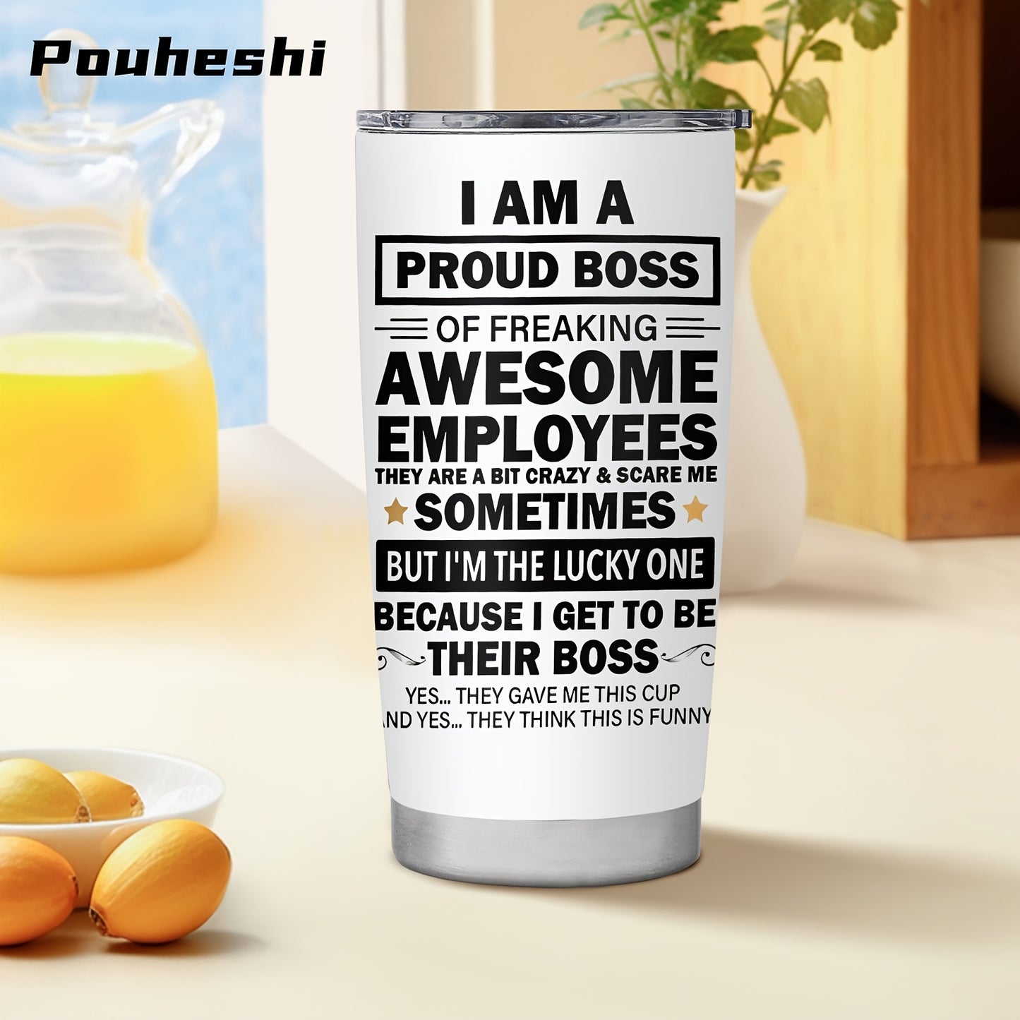 1pc POUHESHI 20oz Stainless Steel Tumbler with "I AM A Proud Boss" Humorous Design - Shatterproof, Reusable, Ideal for Office or Outdoor Use, Perfect Gift for Bosses, Campers, and Holidays, Office Drinkware | Humorous Tumbler