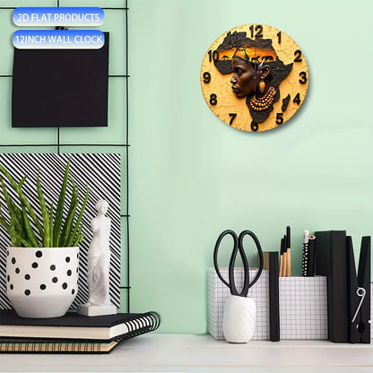 2D plane 10-inch silent quartz wall clock, African design, circular manufacturing, wood simulation display, battery-powered (AA batteries not included), suitable for home decoration, suitable for living room, kitchen, dormito