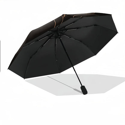 Women'S Automatic Open/Close Umbrella - Elegant Black & Golden Floral design, Compact Folding Umbrella with Minimalist Line Art Profile, Travel, Everyday, Formal Events - Ideal Gift for Women, Outdoor Accessory, Stylish Acces