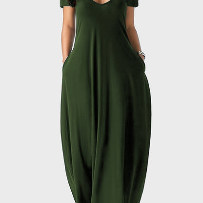 Solid Simple Dress, Casual Short Sleeve Maxi Dress With Pockets, Women's Clothing