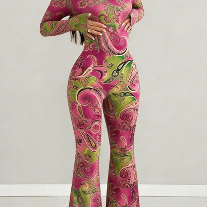 Women's Jumpsuit Set, Casual Fashionable Sexy, Loose U-Neck Cut, Slim Fit, Pink Green Paisley Print, Long Sleeve Flared Leg, Versatile Use, Suitable for Multiple Occasions & Seasons, Ideal for Outdoor, Comfortable Fit