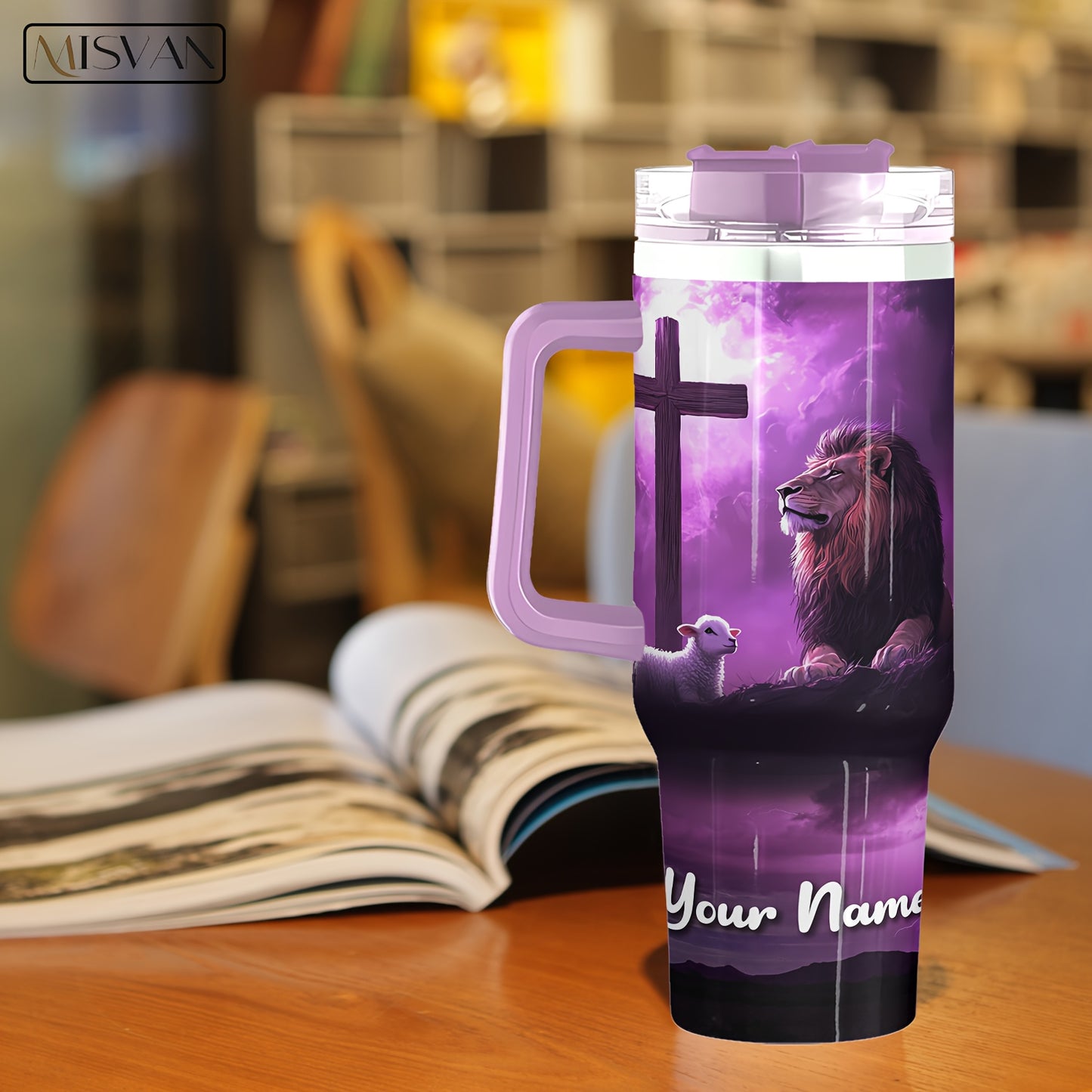 1pc MISVAN Personalized Tumbler with Lid - Custom Name Engraved 40oz Stainless Steel Insulated Water Bottle, Hot & Cold Drinkware for Outdoor Travel, Cross Print Design - Ideal Gift for Birthdays, Easter, Thanksgiving, Mother