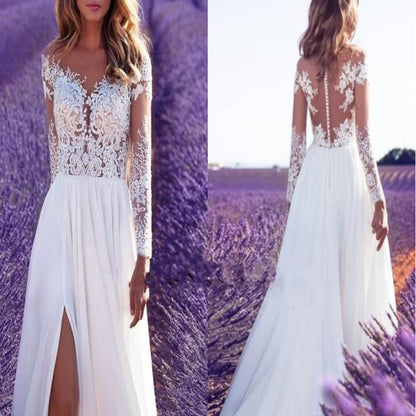 Long Sleeved See Through Lace Slit Dress, Women'S Wedding Bridesmaid Dress, Long Dress, Slim Fit, And Elegant Evening Dress