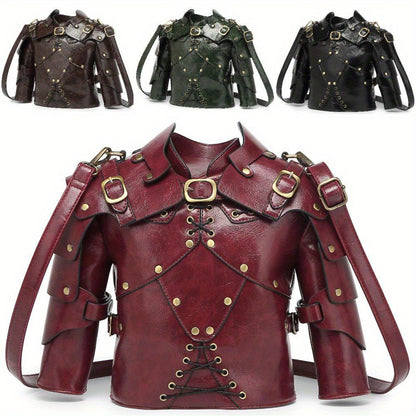 Punk Vintage Style Crossbody Bag Gothic Rivet Crossbody Bag - Double Zipper Pockets, with Adjustable Shoulder Strap, Dark Industrial Medieval Style, Armor Shaped Street Single Shoulder Bag for Men and Women