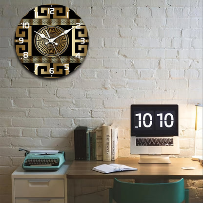 1pc Silent Non-Ticking Wooden Wall Clock, Fashionable Greek Key Design, Quartz Movement, For Festive Home Decor & Gift Giving, AA Battery Operated (Battery Not Included)