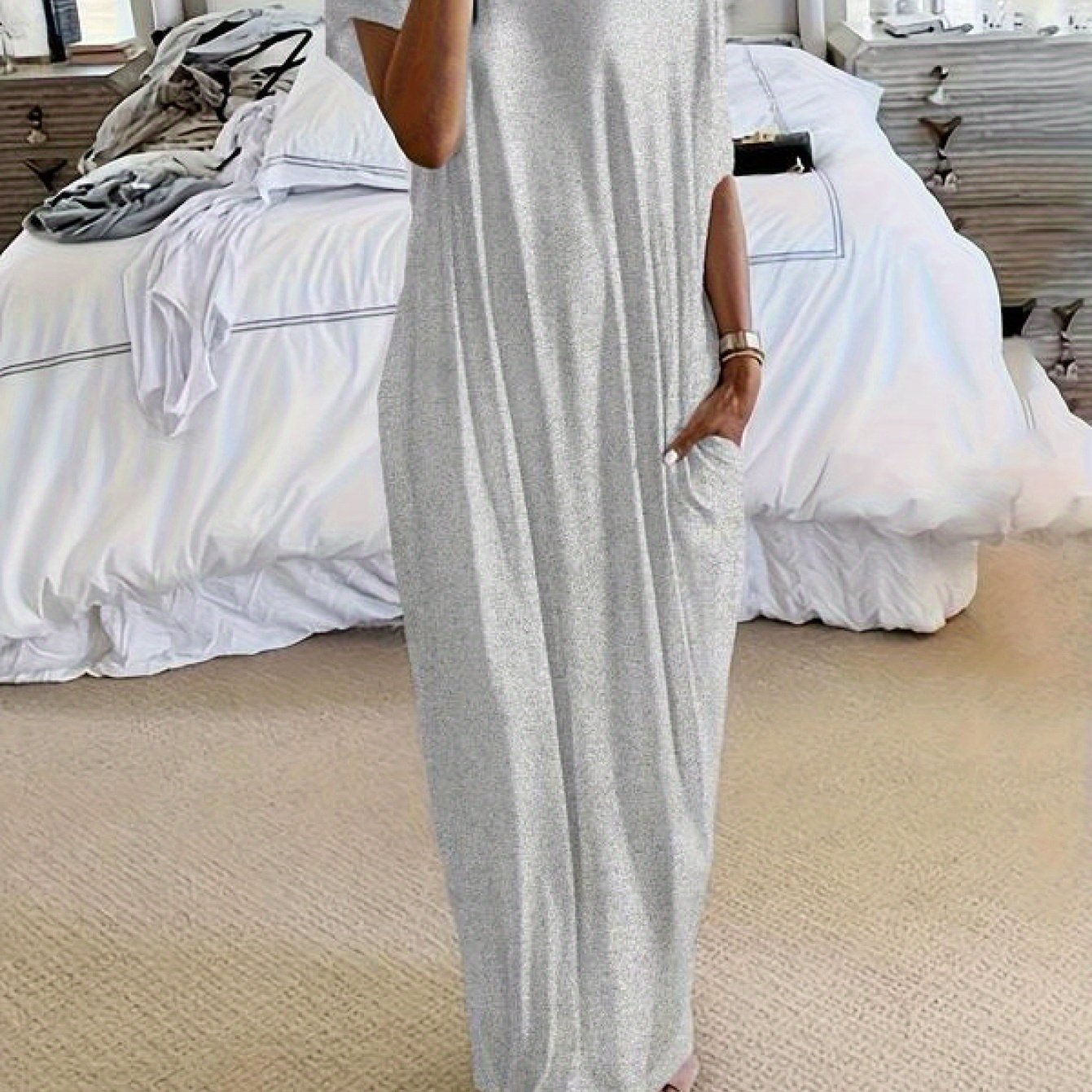 Women's Solid Color Batwing Sleeve Lounge Dress, Casual Comfy Short Sleeve Nightdress for Daily Wear, Loungewear, Ladies Sleepwear for All Seasons