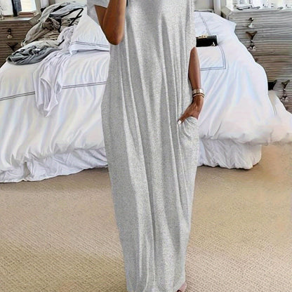 Women's Solid Color Batwing Sleeve Lounge Dress, Casual Comfy Short Sleeve Nightdress for Daily Wear, Loungewear, Ladies Sleepwear for All Seasons