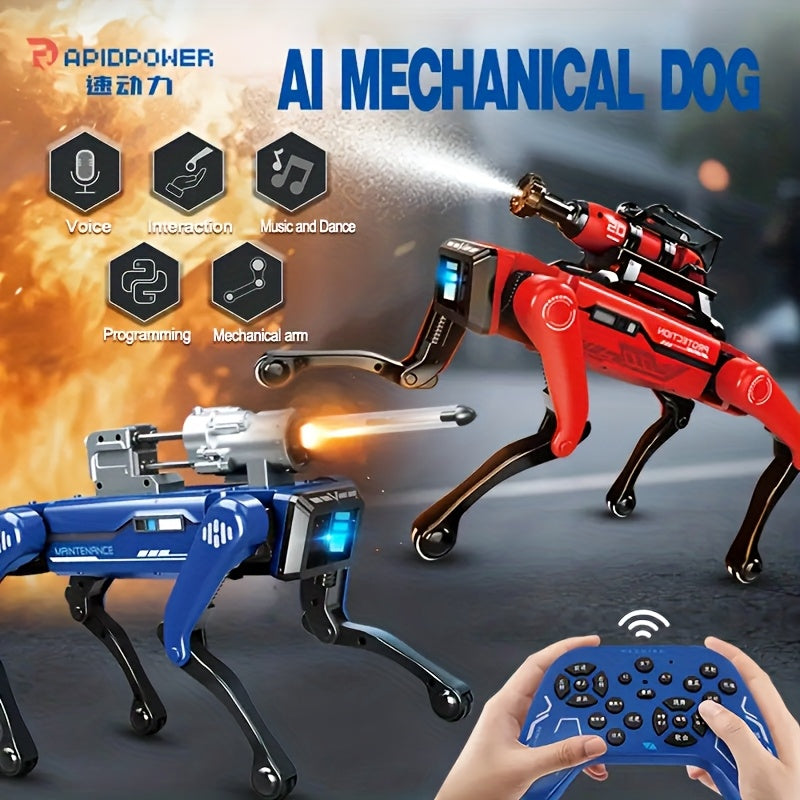 AI Voice-Interactive Robot DogIt Is A Red Fire-fighting Style Robot Dog with An Attractive Appearance And High Quality. It Supports Dual Control Via Remote Control And Mobile APP, Comes with Intelligent Patrolling And Functio
