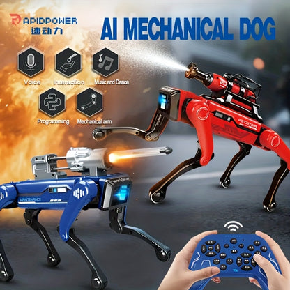AI Voice-Interactive Robot DogIt Is A Red Fire-fighting Style Robot Dog with An Attractive Appearance And High Quality. It Supports Dual Control Via Remote Control And Mobile APP, Comes with Intelligent Patrolling And Functio