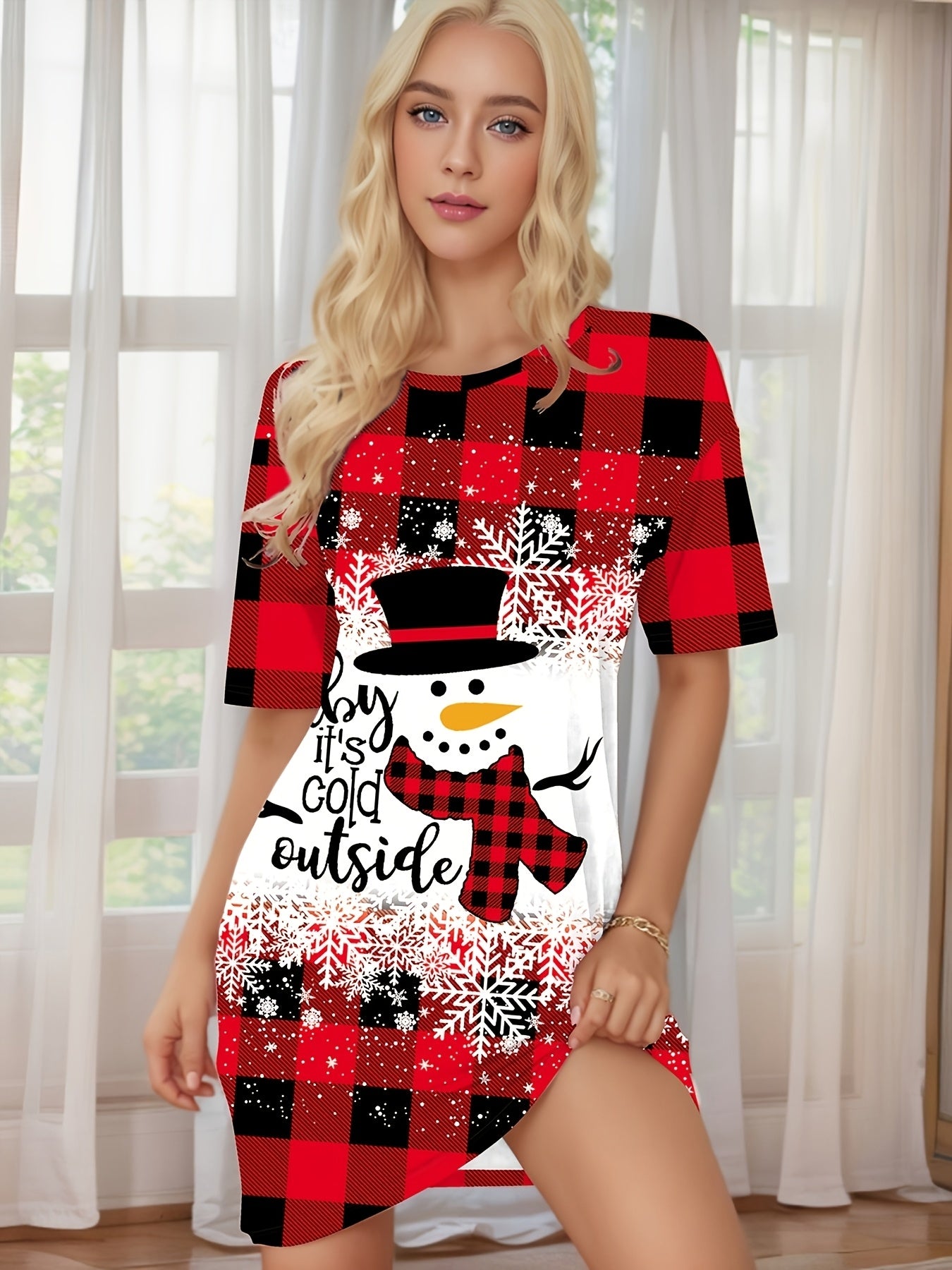 Red & Black Elegant Bohemian Plaid Dress with Snowman & Snowflake Print Women's All-Season Casual Sleepwear, Round Neck Short Sleeve A-Line Dress with Pockets, Comfortable Home Wear For Christmas, Halloween, Valentine'S Day -