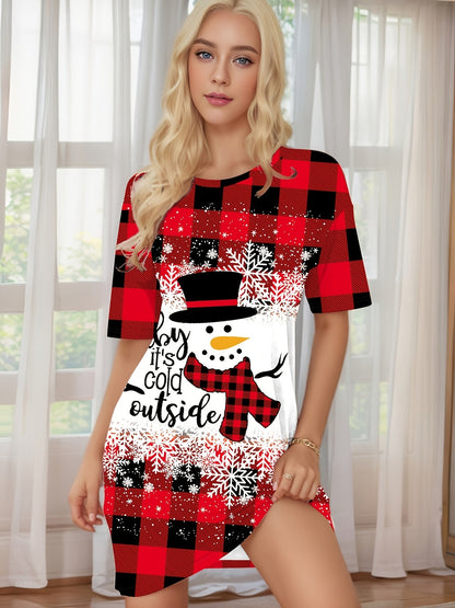 Red & Black Elegant Bohemian Plaid Dress with Snowman & Snowflake Print Women's All-Season Casual Sleepwear, Round Neck Short Sleeve A-Line Dress with Pockets, Comfortable Home Wear For Christmas, Halloween, Valentine'S Day -