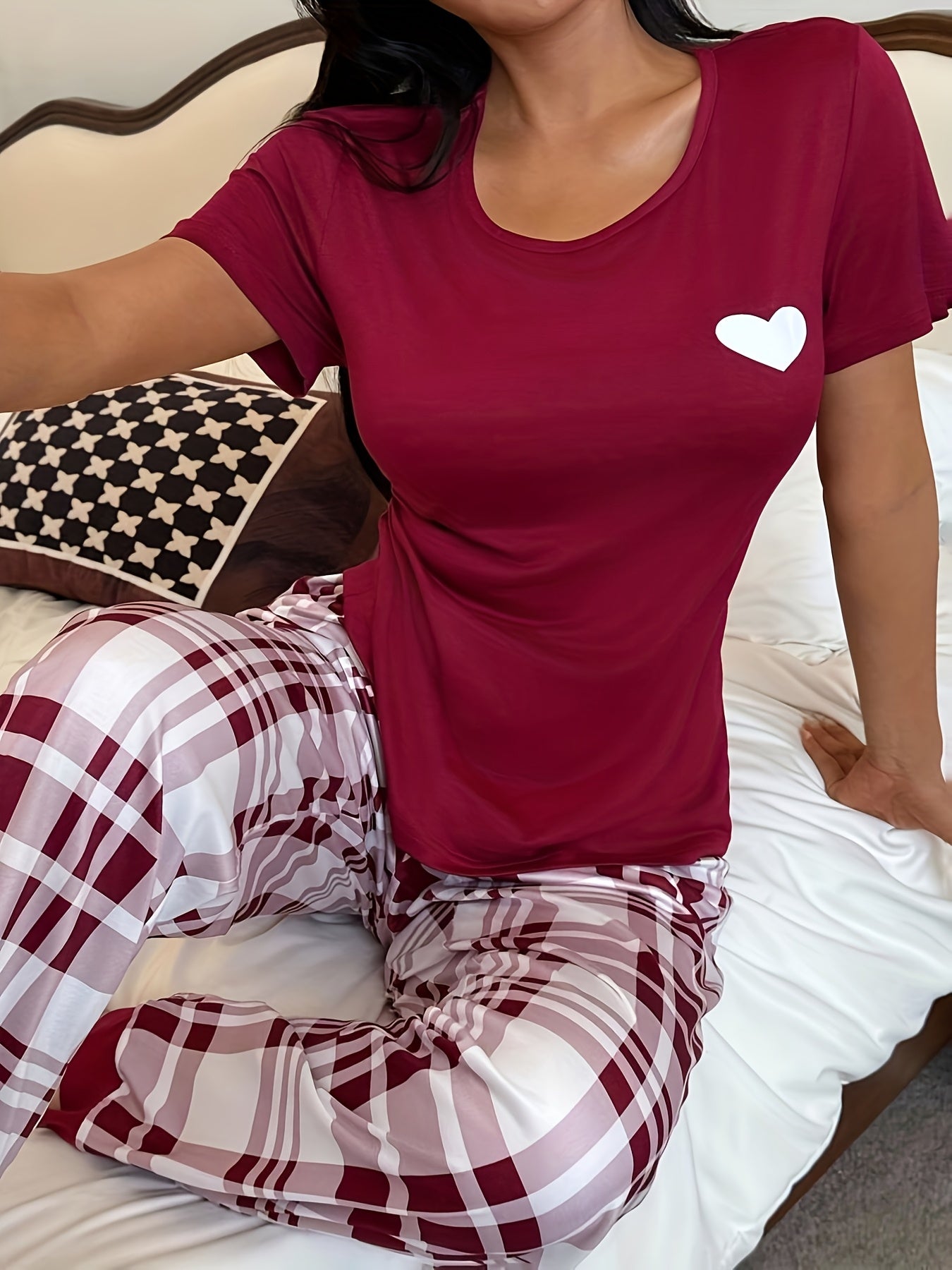Women'S Red & Plaid Long Pajama Set - Cozy Fall Pajamas with Heart Pattern, Round Neck, Casual Style, All-Season Comfort, Perfect for Home Relaxation, Cozy Home Wear | Plaid Pajama Set | Comfortable Fit
