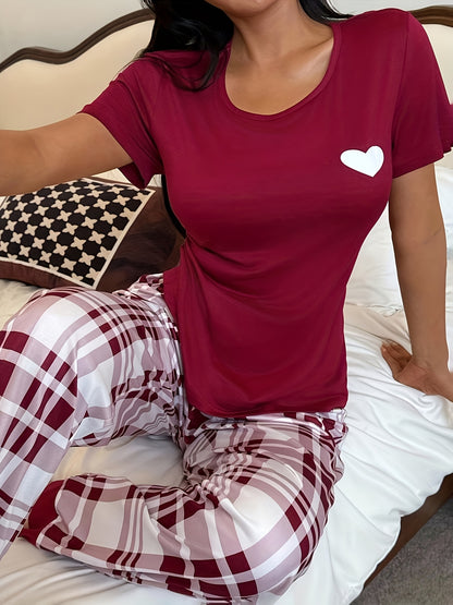 Women'S Red & Plaid Long Pajama Set - Cozy Fall Pajamas with Heart Pattern, Round Neck, Casual Style, All-Season Comfort, Perfect for Home Relaxation, Cozy Home Wear | Plaid Pajama Set | Comfortable Fit