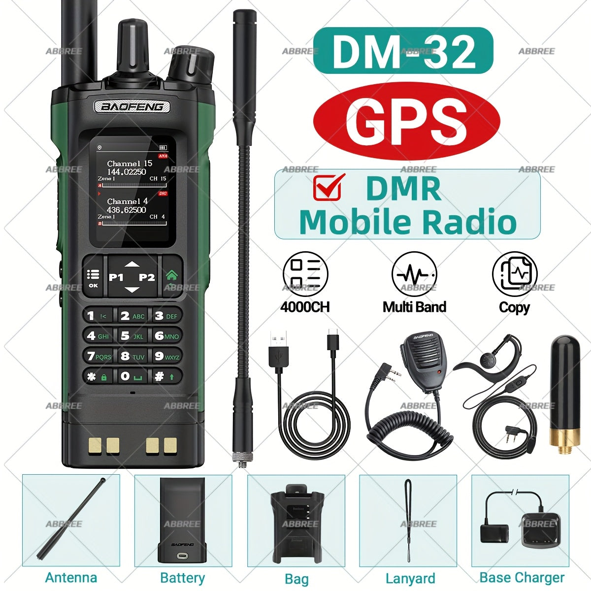 BAOFENG DM-32 DMR Handheld Two-Way Radio 10W Long Range GPS & NOAA Weather Alert, UHF 136-174/400-470MHz, 2500mAh Battery with USB-C Charging, Compatible with DM32UV Repeater for Camping,, Fishing, Emergency (DMR/Moto)