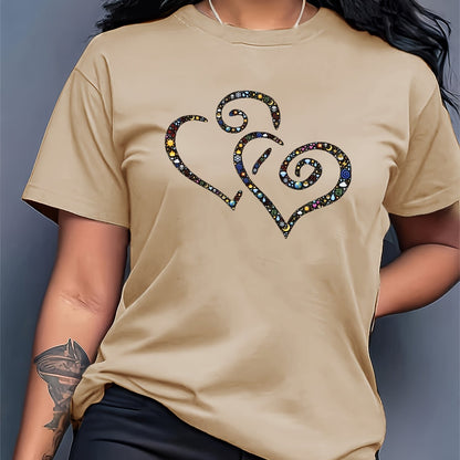 Women's Casual Short Sleeve T-Shirt with Rhinestone-Embellished Heart Print - Round Neck Relaxed Fit, Medium Stretch Fabric, Machine Washable, All-Season Versatile Top for Casual Attire & Vacations (S-XXL, Multi-Color Options