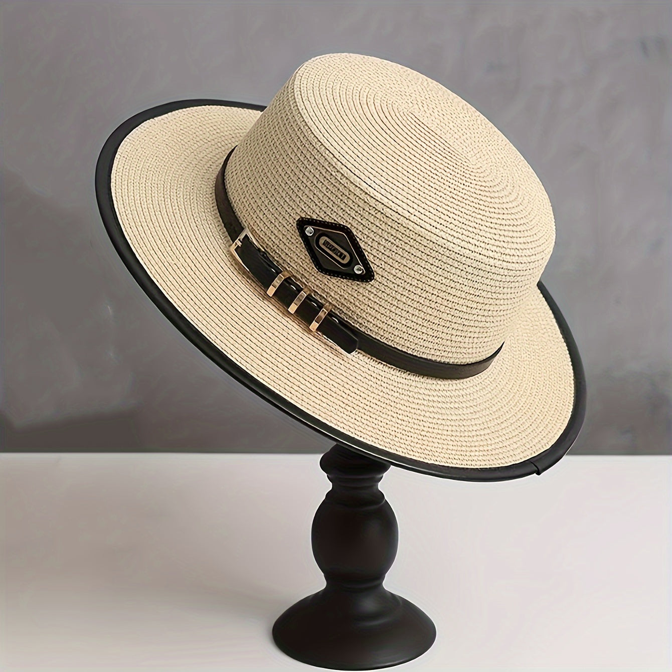 French Retro British Summer Flat Brim Hat - Adjustable Unisex Outdoor Wide Brim Hat with Decorative Buckle and Black Ribbon, Fashionable Sun Hat for Men and Women | Elegant Accessories | Exquisite Weaving, Stylish Headwear, C