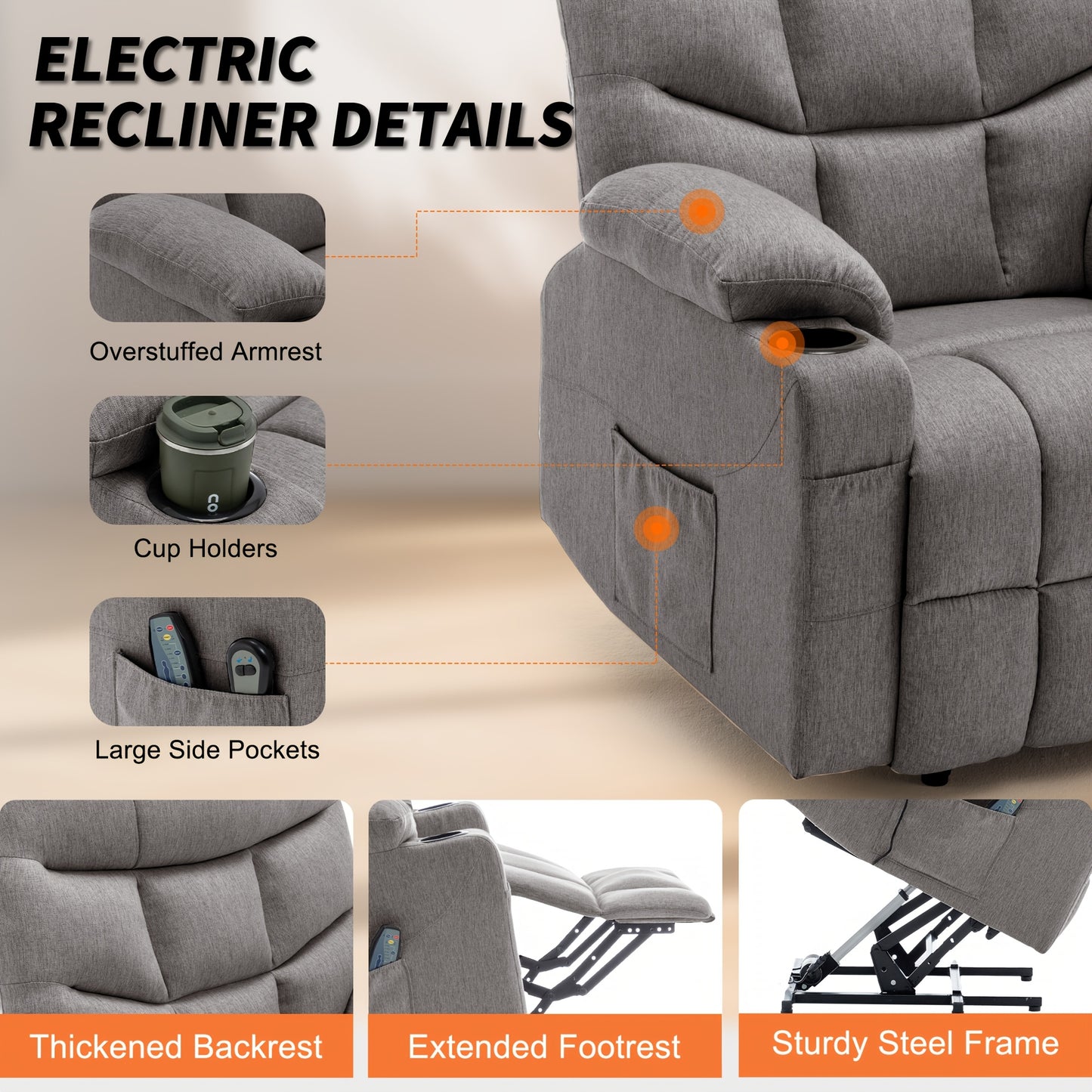 Power Lift Recliner Chair For Elderly And Adults, Power Recliner Chair With Massage And Heating, Electric Recliner With Remote Control And Cup Holders For Living Room, Grey Linen Fabric