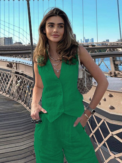HERTALK2026 Women's Summer New and Sleeveless Vest, Waistcoat and Long Pants 2pcs Casual and Fashionable Set for Women