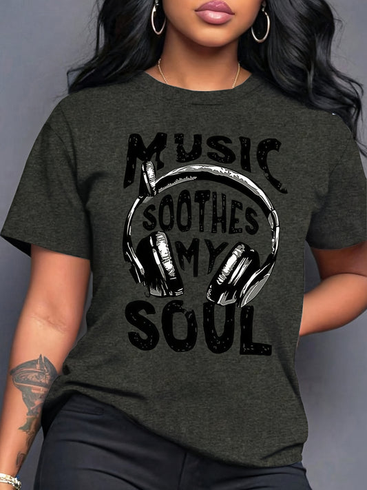 Women's Music Soothes My Soul Headphones & Sound Wave Print T-Shirt - Casual Short Sleeve Round Neck Blouse, Spring Summer Casual Attire for Music Lovers, Machine Washable Comfortable Top