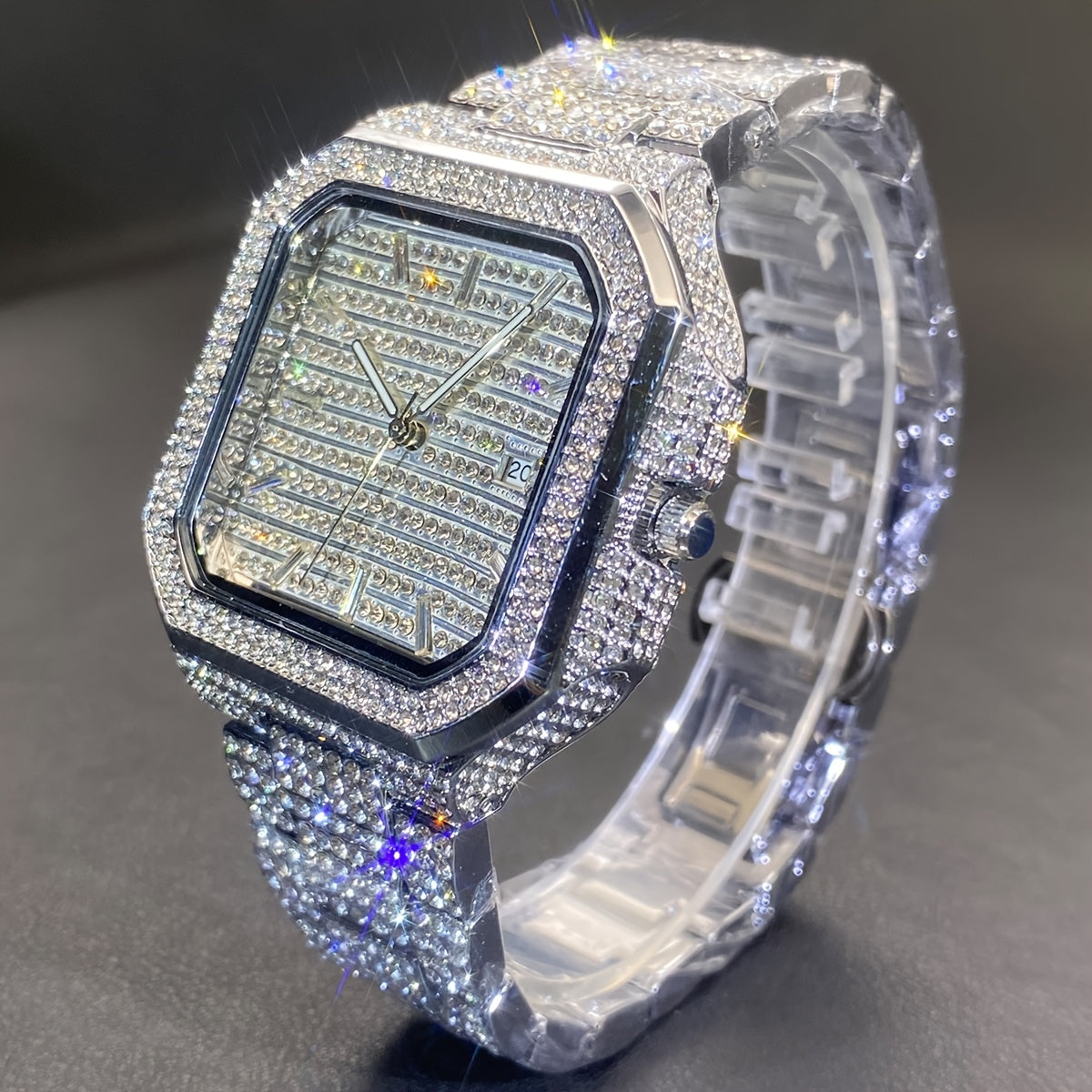 MISSFOX Men'S Luxury Rhinestones-Encrusted Golden-Tone Square Watch with Date Calendar, High Quality IP65, Quartz Movement, Sparkling Bezel & -Accented Dial - Elegant Analog Watch for Casual & Formal Wear, Party Accessory, Ba