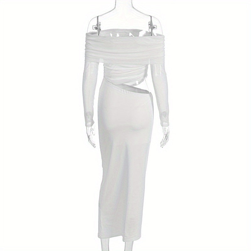Women'S Elegant White Off-Shoulder - Mesh Long-Sleeve Mermaid/Trumpet Mermaid Maxi Dress - Sexy Sheer Formal Evening Gown with Waist-Cut Silhouette, Solid Color Party Wedding Gala Evening Dress for Women - Structured Fit & Fl