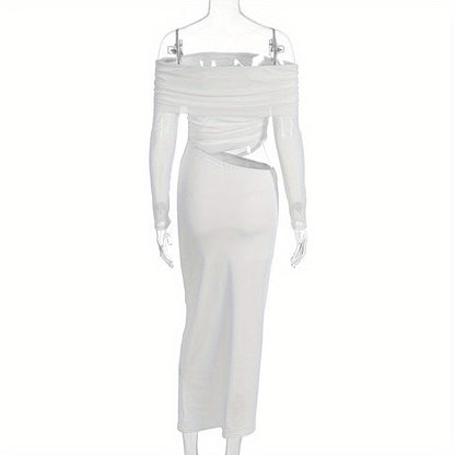 Women'S Elegant White Off-Shoulder - Mesh Long-Sleeve Mermaid/Trumpet Mermaid Maxi Dress - Sexy Sheer Formal Evening Gown with Waist-Cut Silhouette, Solid Color Party Wedding Gala Evening Dress for Women - Structured Fit & Fl