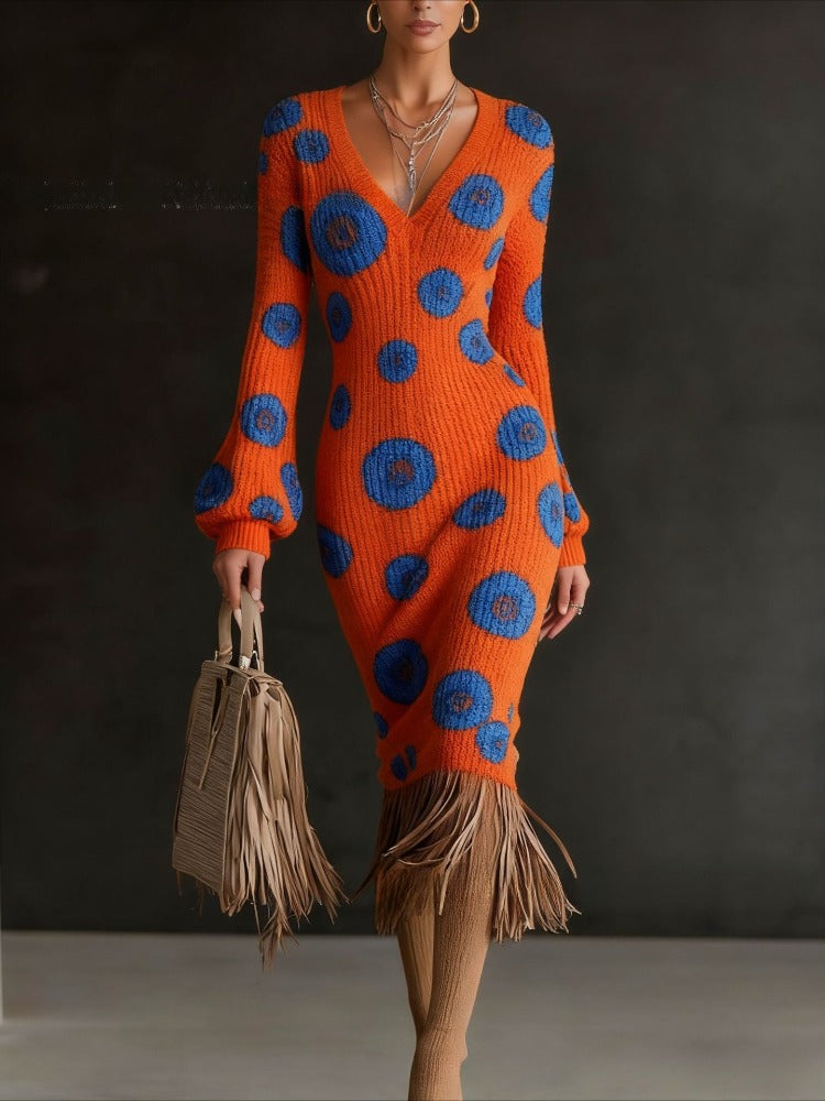 Autumn And Winter New Cross-border European And American Style Flower Dress, Loose V-neck Long Sleeves, Retro Tassel Decoration Exquisite Printing, Skin-friendly Pendant Without Wrinkle, Daily Dating Commuting Versatile Cross