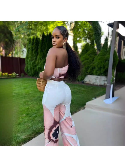 D9738 Women'S Y2K Fashion Floral Print One-Shoulder Slim Fit Wide-Leg Pants Two-Piece Set - Sexy Spring/Fall Outfit, Spring Fashion|Sleek Shoulder Design|Polyester Fabric