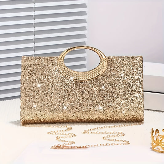 Elegant Golden Sequin Evening Clutch Purse with Detachable Chain Strap & Snap Closure - Sparkling Glamour Handbag for Weddings, Galas, Proms - Middle Eastern Collection, Formal Accessory, Glittery Texture
